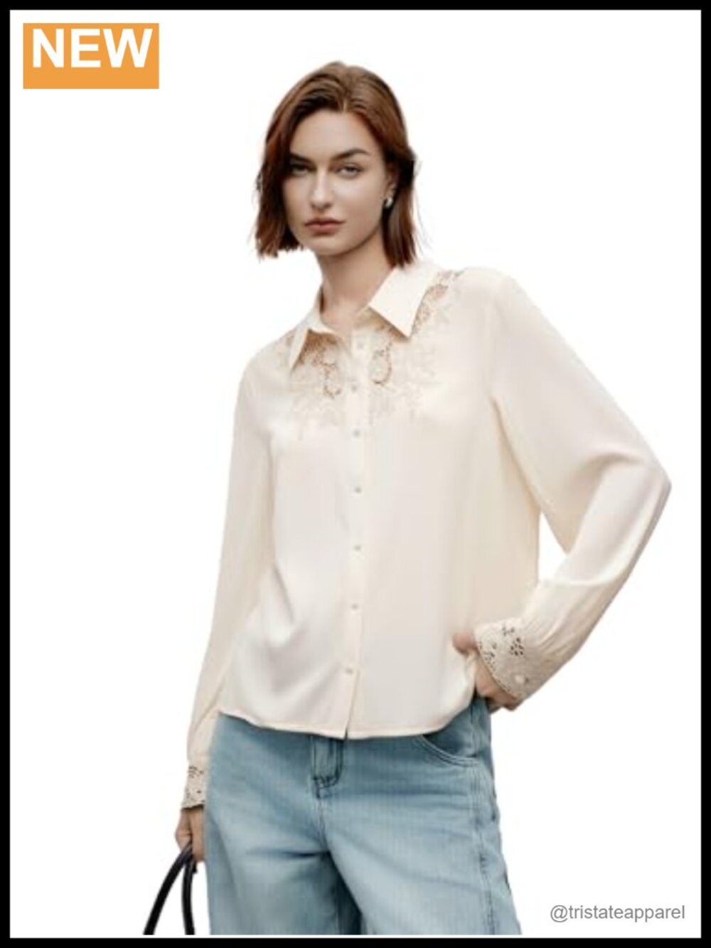 Womens Silk Blouse Long Sleeve Lace Hollow Out Button Down Dressy Elegant Top